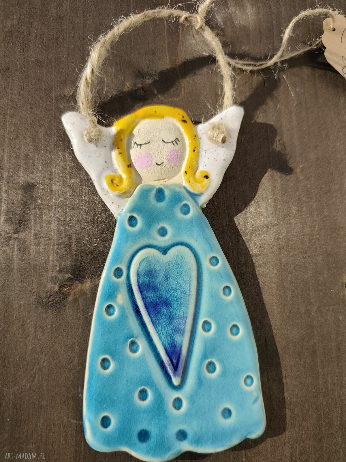 Anioł ceramiczny na chrzest i komunię - turkusowa zawieszka
