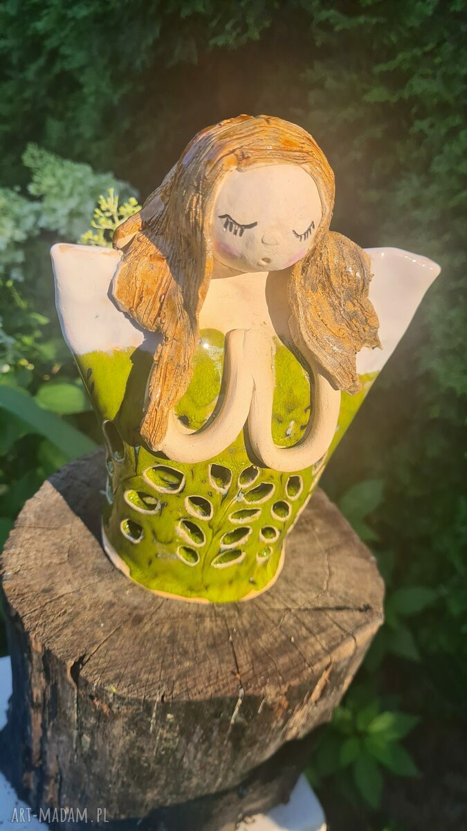 Anioł ceramiczny - lampion Wolna chwila, zielony akcent 18 cm