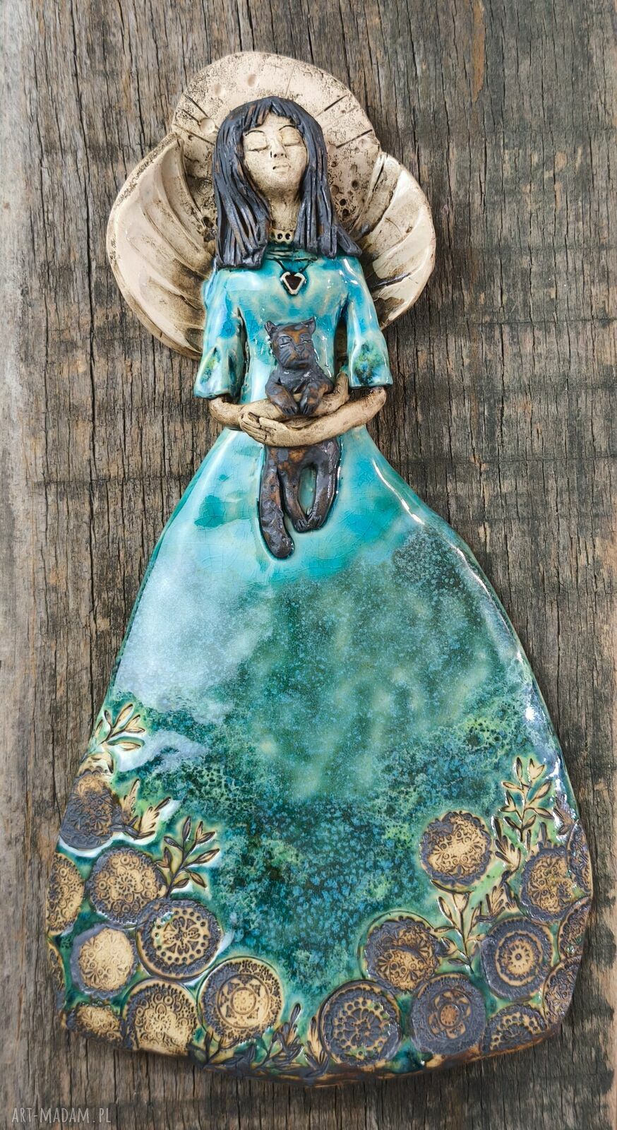 Anioł ceramiczny z kotkiem - wisząca dekoracja handmade