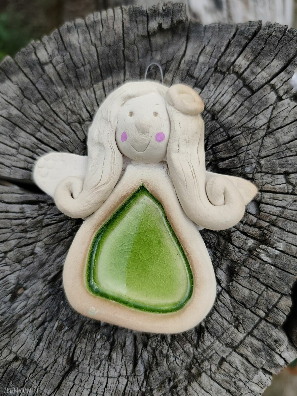 Anioł ceramiczny w kolorowej sukience - ręcznie robiony prezent ok. 7 cm