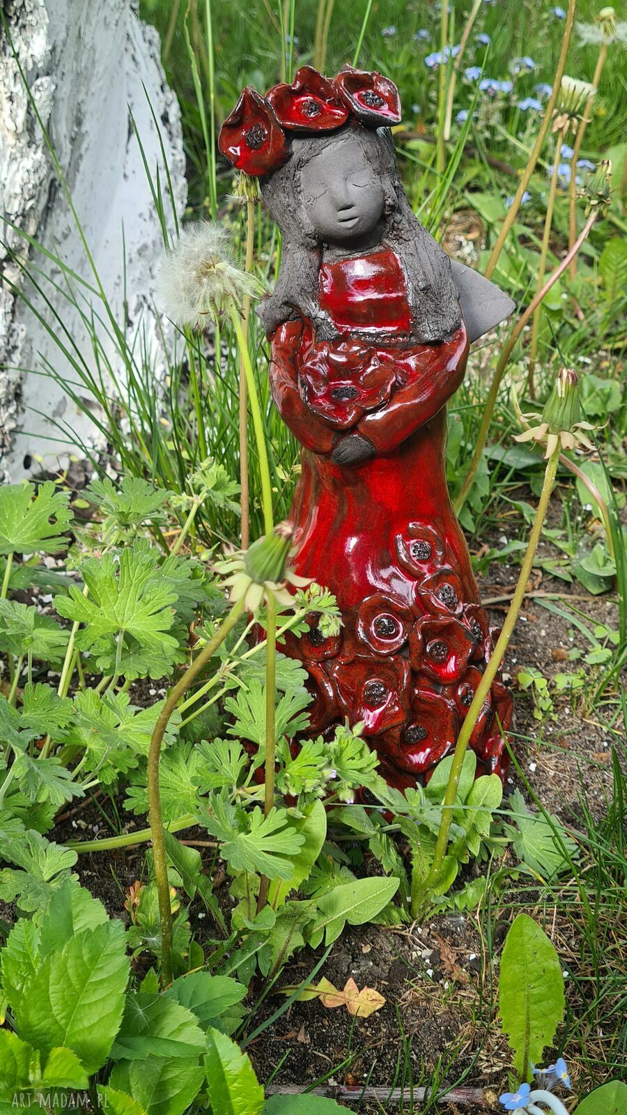 Anioł ceramiczny Makowa Panienka - 25 cm, błyszczące szkliwa, ręczne wykonanie
