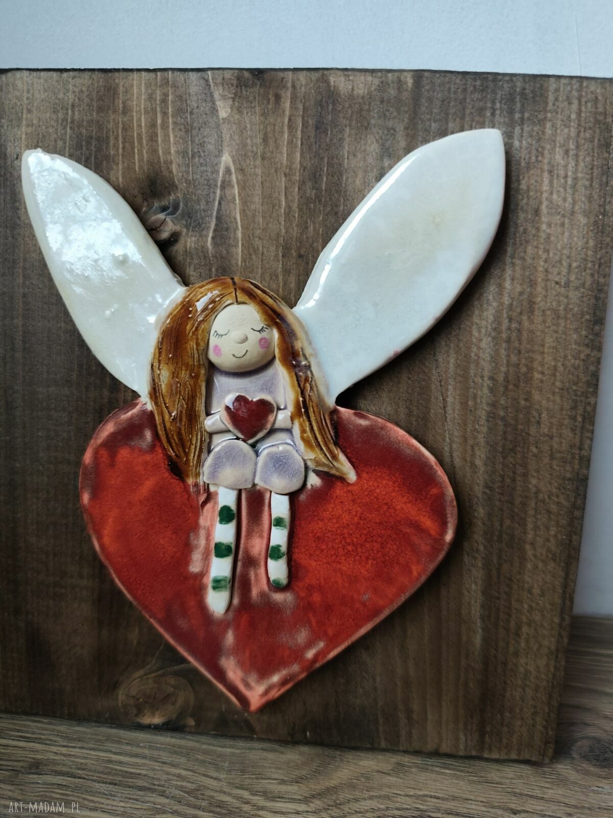 Anioł ceramiczny na desce - ręcznie robiona zawieszka (ok. 20 cm)