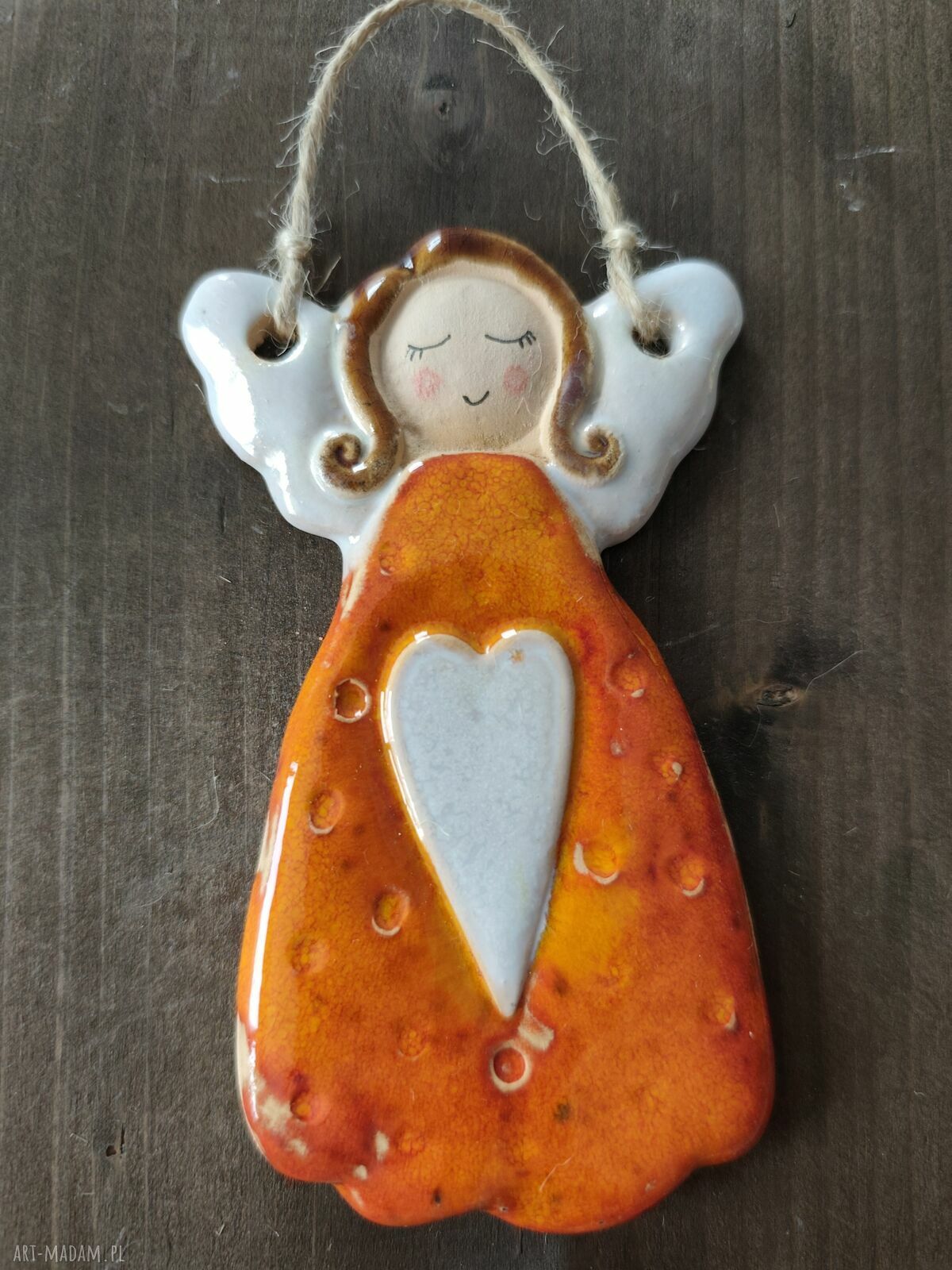 Ręcznie robiony anioł ceramiczny - zawieszka Wolna Chwila (ok. 12 cm)