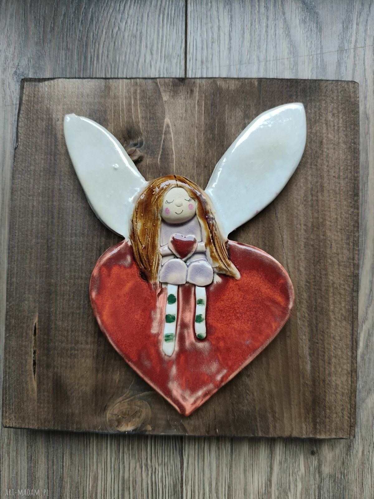 Anioł ceramiczny na desce - ręcznie robiona zawieszka ok. 20 cm
