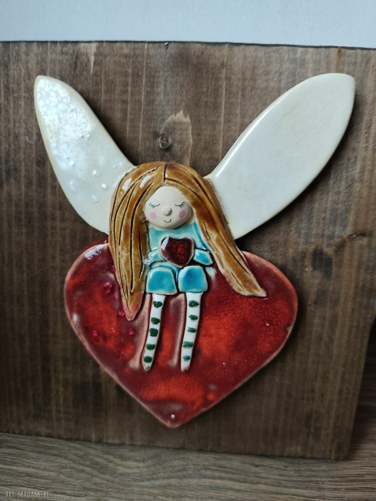 Ceramiczny anioł na desce - zawieszka prezent handmade Wolna Chwila