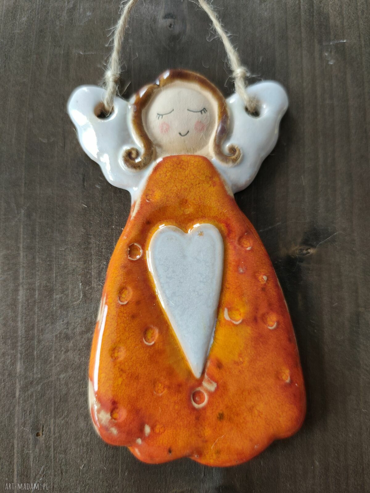 Ręcznie robiony anioł ceramiczny - zawieszka Wolna Chwila ok. 12 cm