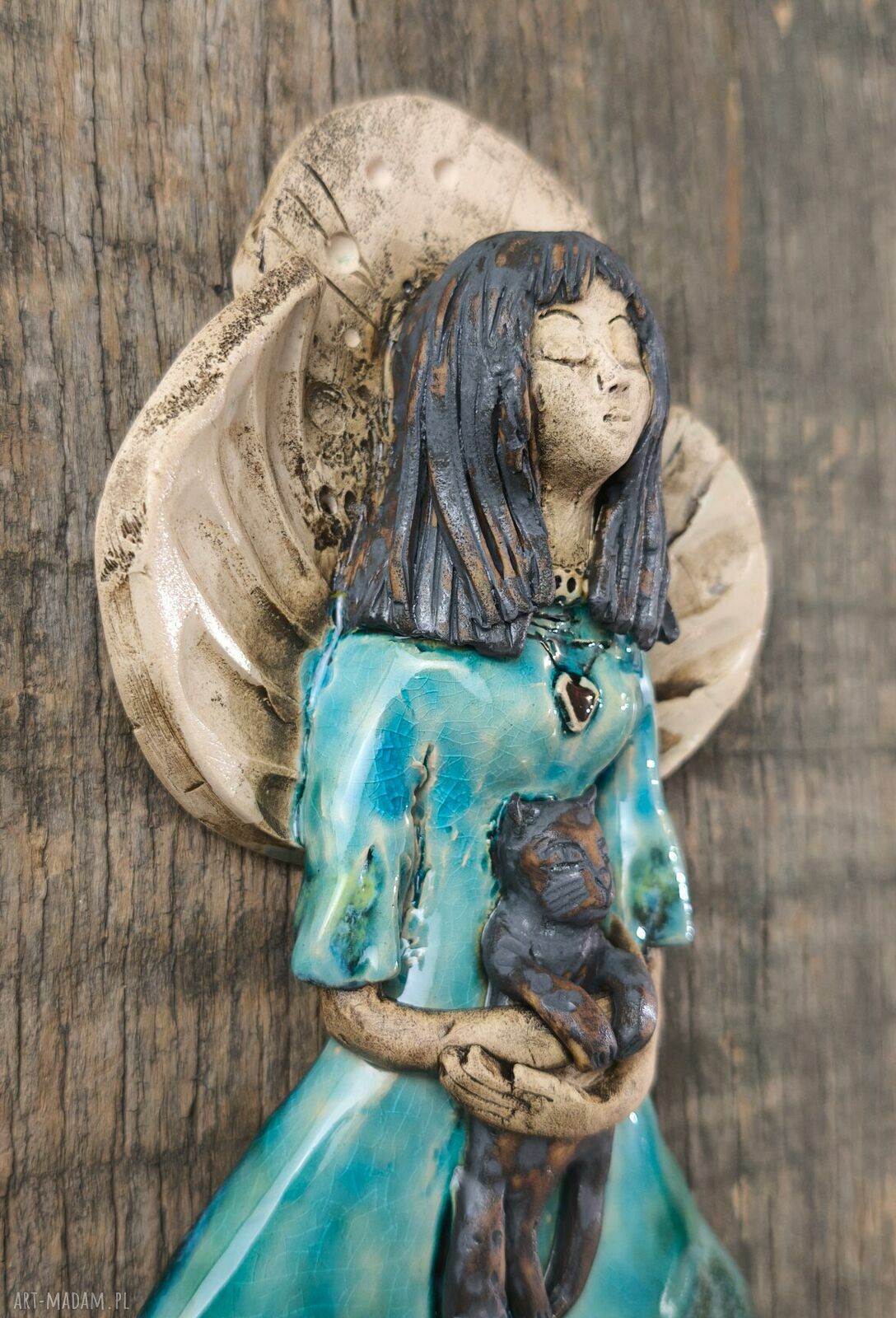 Anioł ceramiczny z kotkiem - wisząca dekoracja handmade