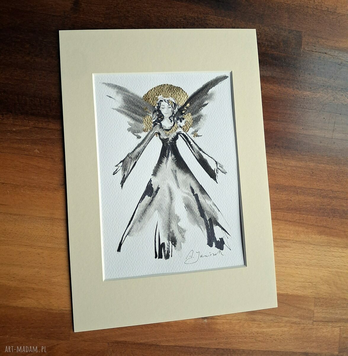 Ręcznie malowana grafika „Anioł” w passe-partout 21x30 cm - gotowa do oprawienia