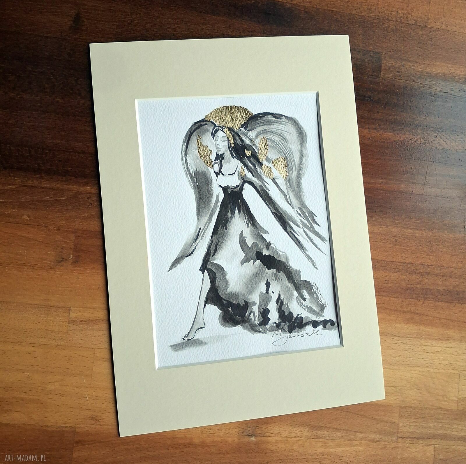 „Anioł” grafika w passe-partout 21x30 cm - ręcznie malowana i złocona