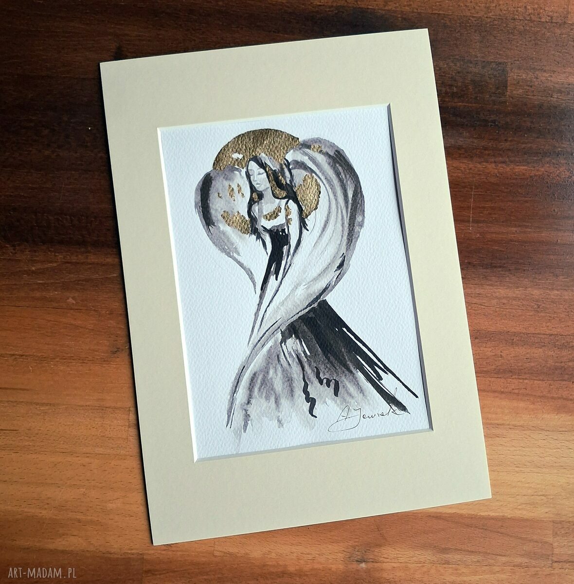 Ręcznie malowana i złocona grafika "Anioł" w kremowym passe-partout A4 21x30 cm