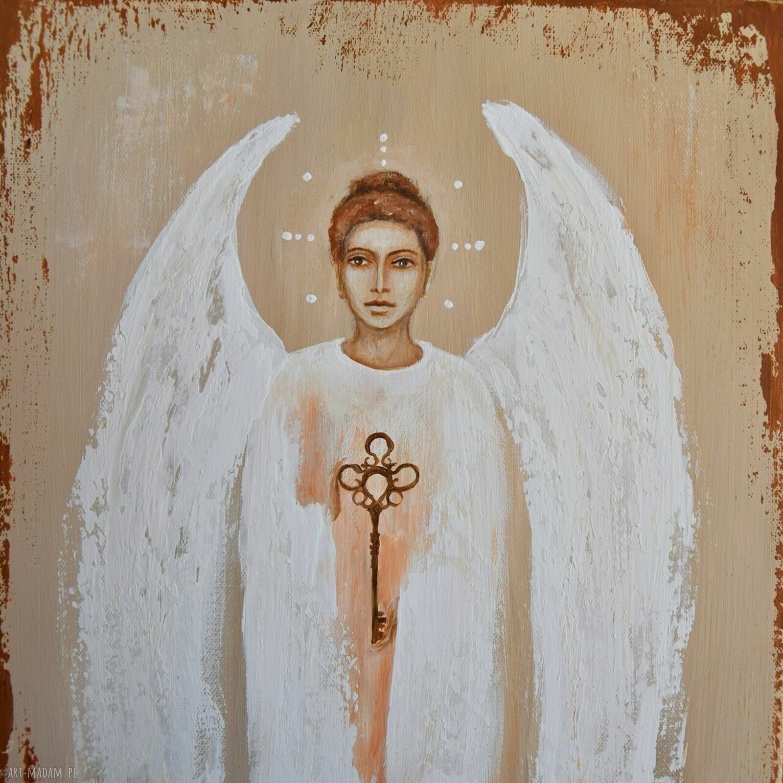 Anioł Klucznik XVI - obraz ręcznie malowany akryl na płótnie 30x60 cm