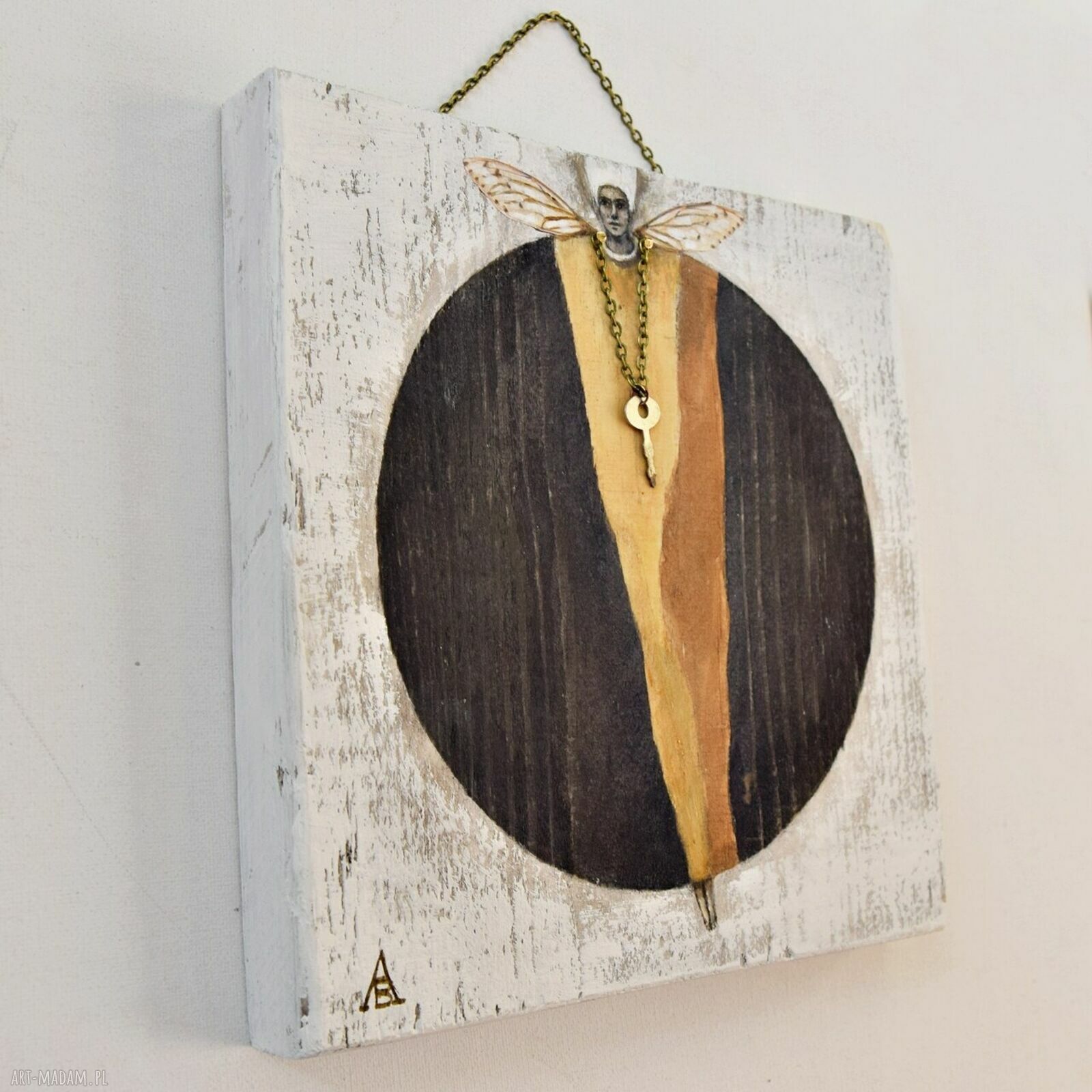 Anioł Klucznik XV - obraz ręcznie malowany na drewnie (20x20 cm)