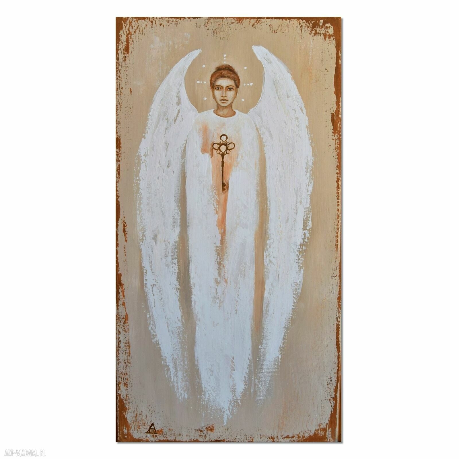 Anioł Klucznik XVI - obraz ręcznie malowany akryl na płótnie 30x60 cm