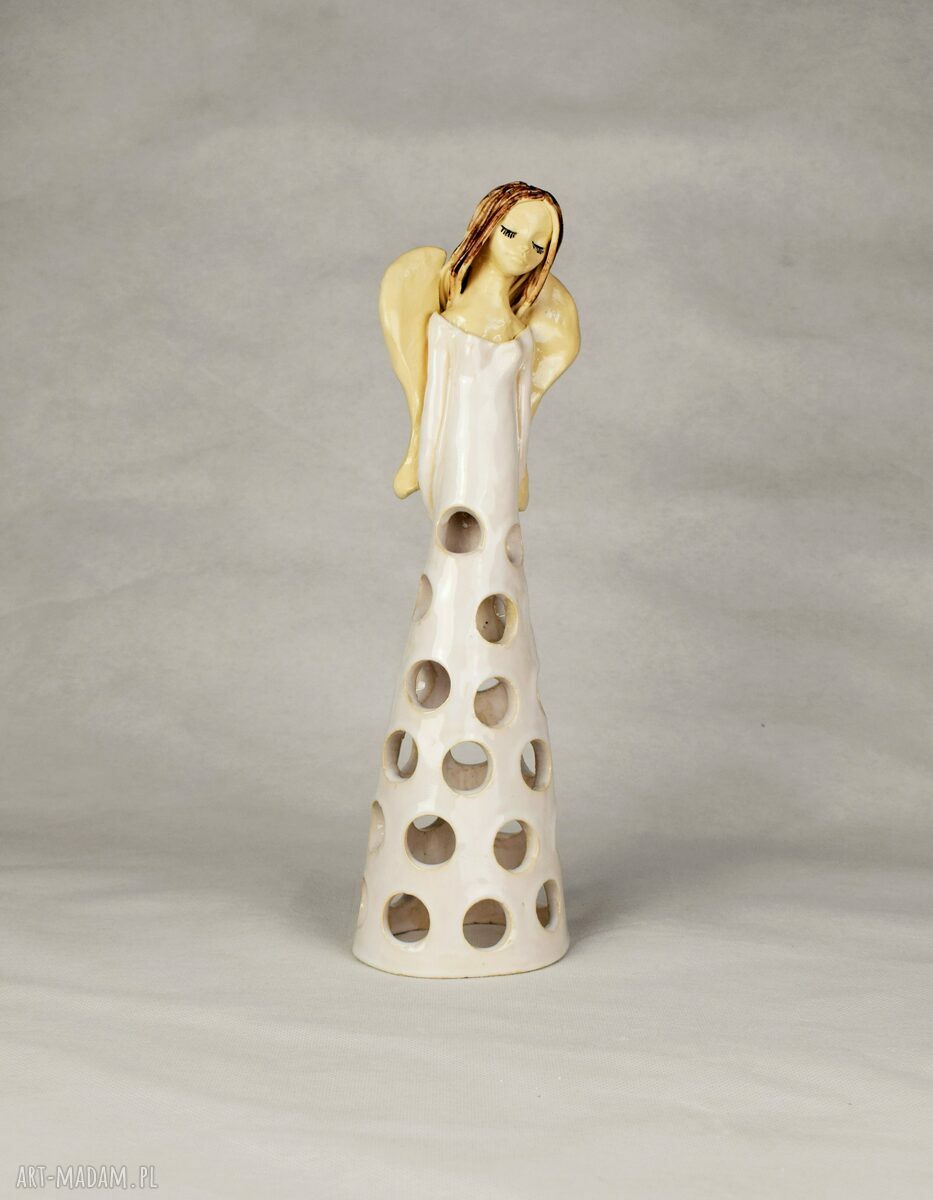 Ceramiczny anioł lampion ręcznie wykonany z białej gliny - ok. 31 cm