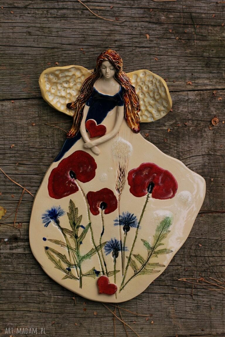 Anioł Maki i Chabry - ceramiczna dekoracja do powieszenia na ścianę