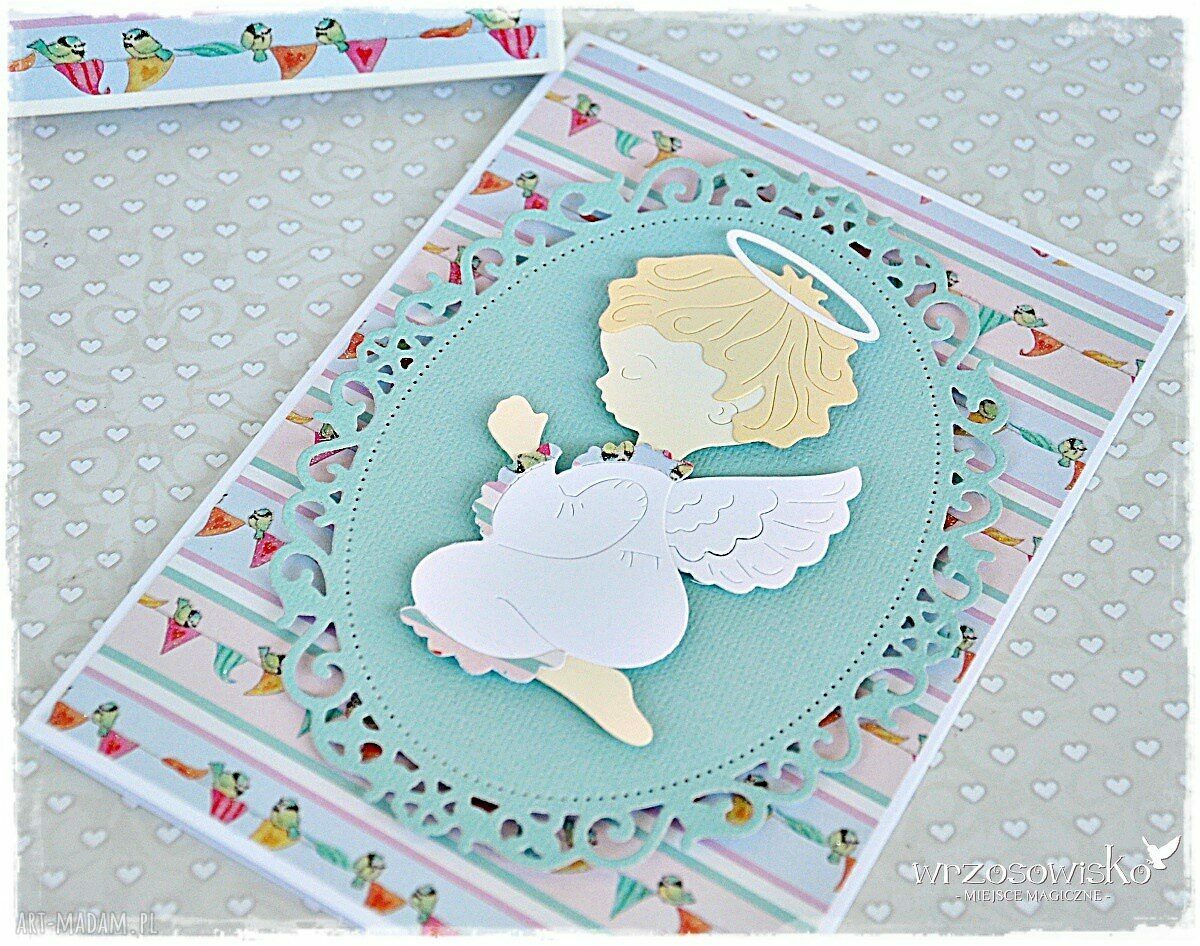 Anioł na chrzest kartka w pudełku/personalizacja HandMade