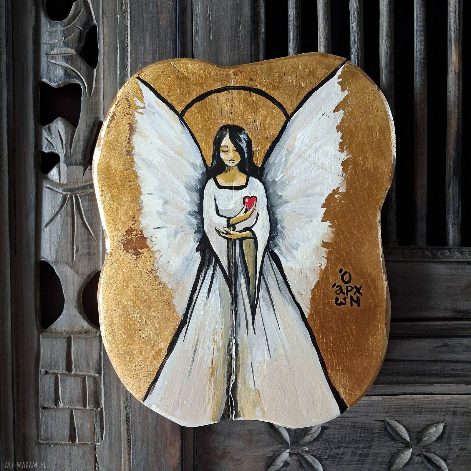 Anioł na teakowej desce 23 x 18 cm ikona malowana i złocona