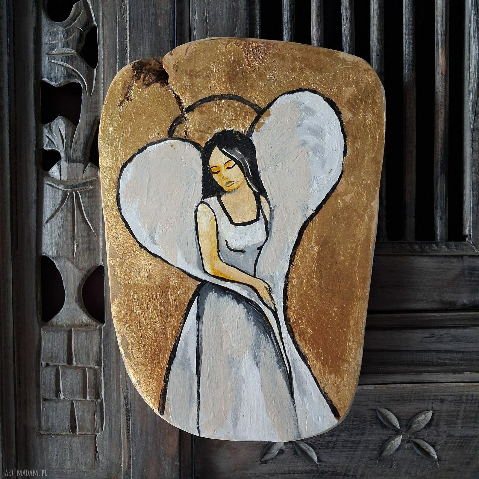Ręcznie malowana ikona Anioła na teakowej desce 25x18 cm - złocona i gotowa na prezent