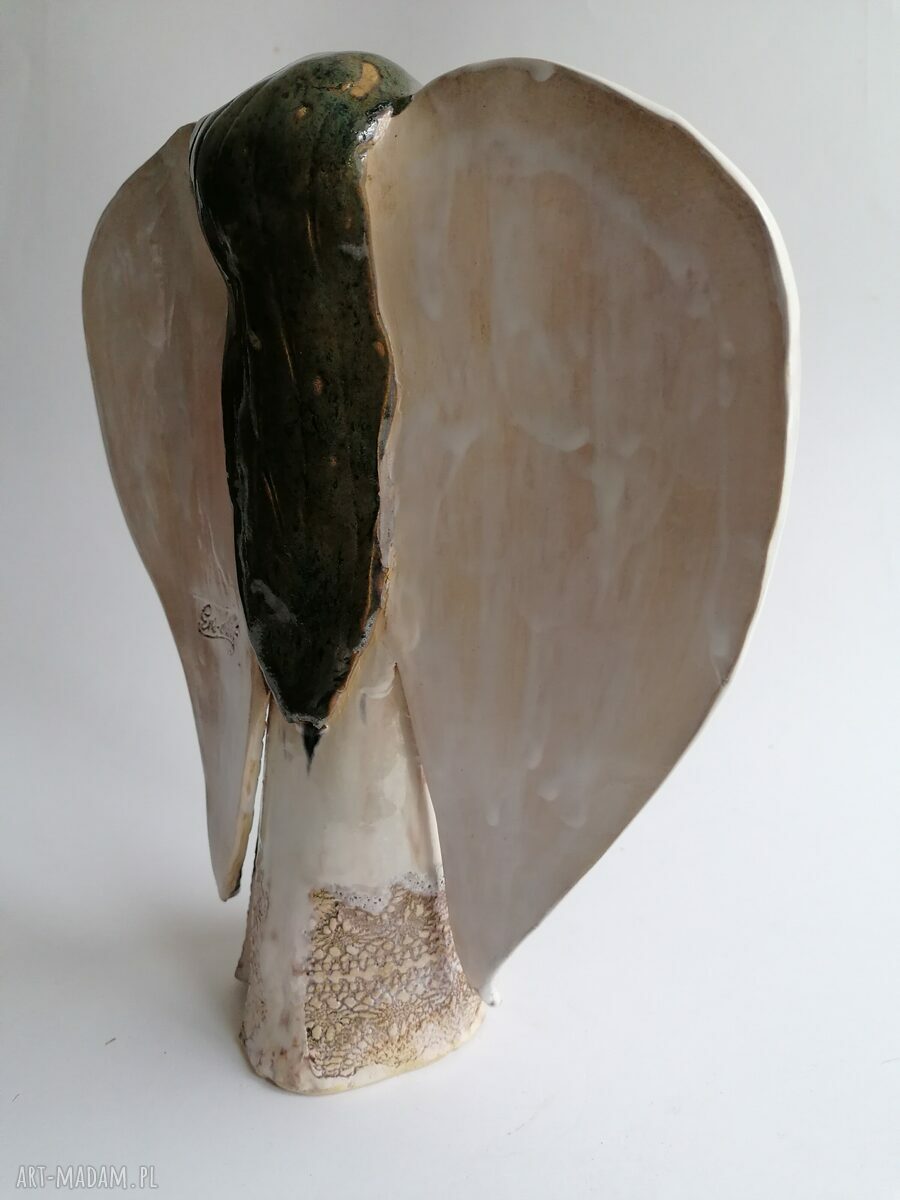 Anioł perłowy - anioł ceramiczny handmade z gliny szamotowej, szkliwa perłowe i złoto (27 cm)