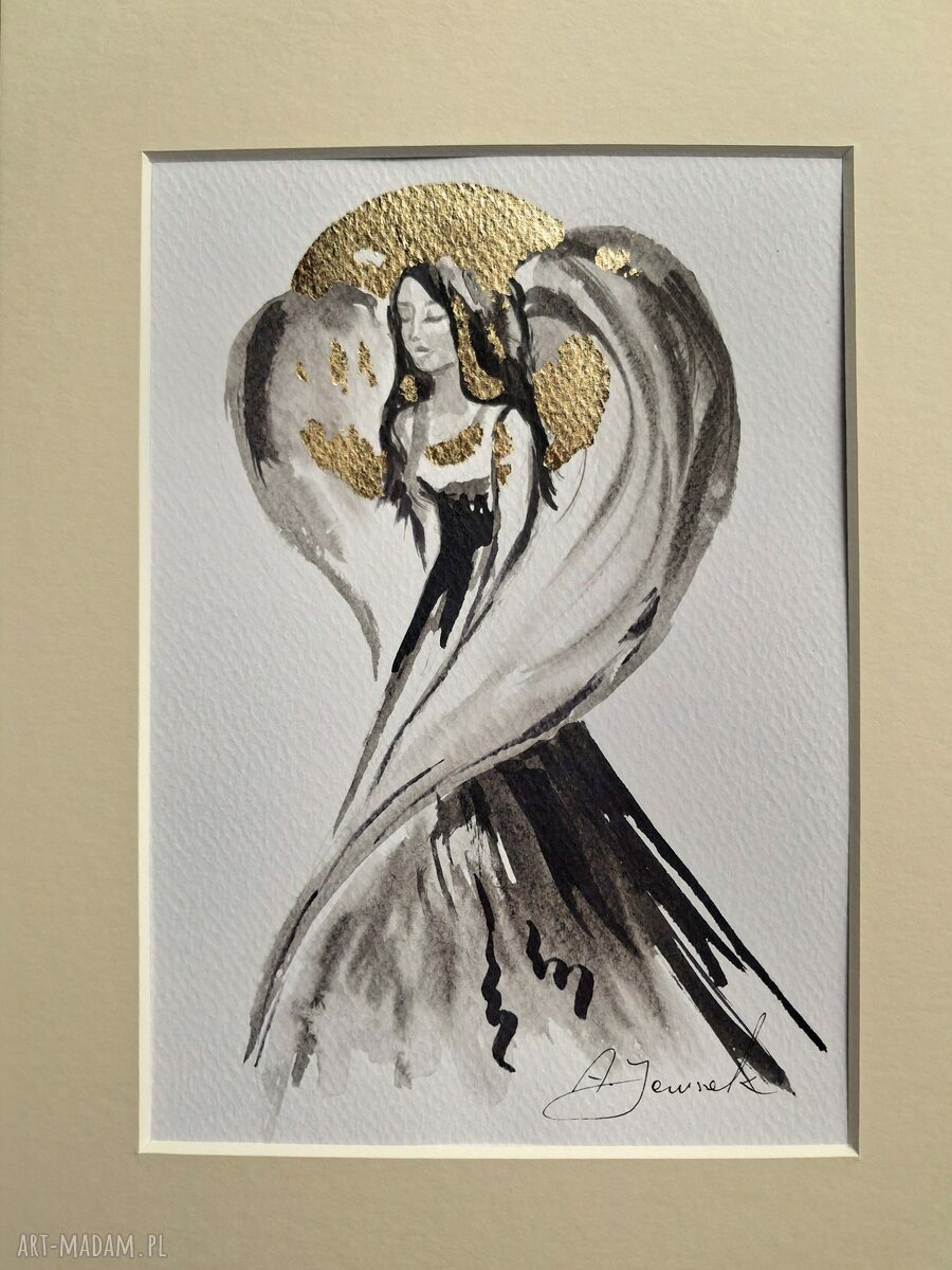 Ręcznie malowana i złocona grafika "Anioł" w kremowym passe-partout A4 21x30 cm