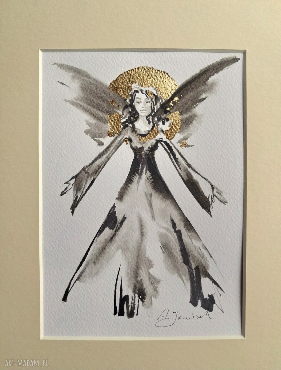 Ręcznie malowana grafika „Anioł” w passe-partout 21x30 cm - gotowa do oprawienia