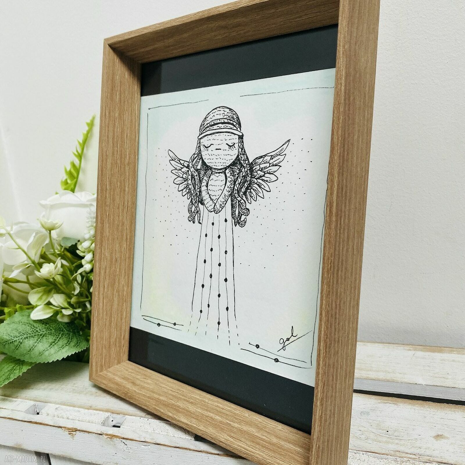 Anioł rysunek piórkiem w drewnianej ramce dla dziecka - prezent handmade