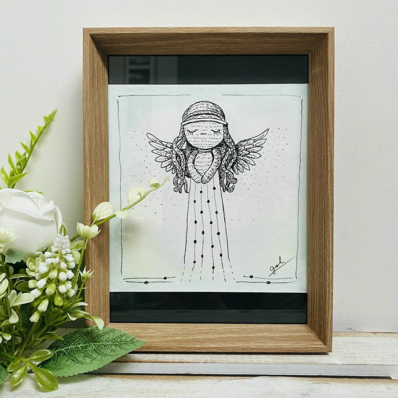 Anioł rysunek piórkiem w drewnianej ramce dla dziecka - prezent handmade