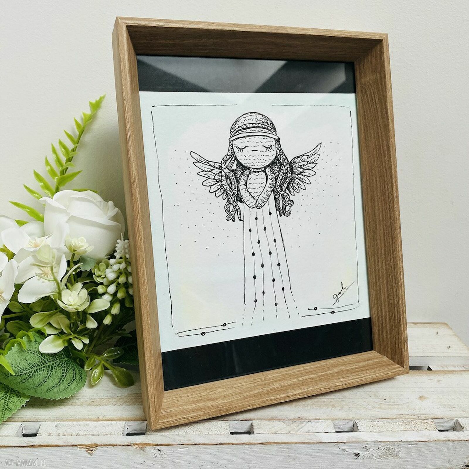 Anioł rysunek piórkiem w drewnianej ramce dla dziecka - prezent handmade