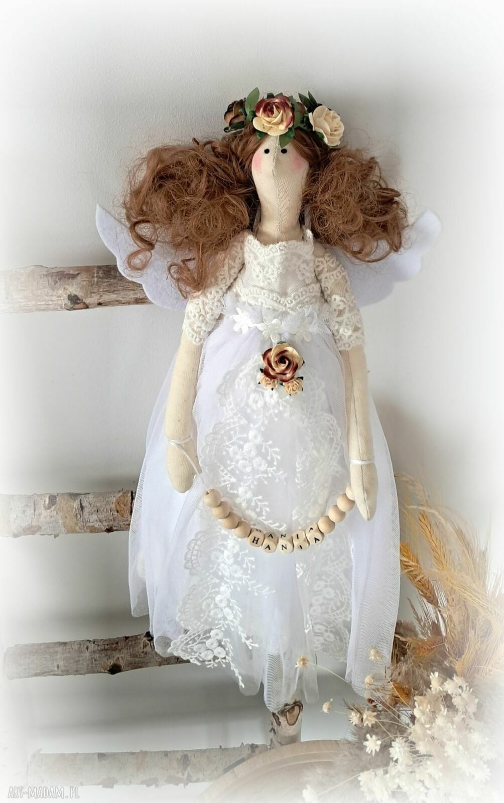 Anioł stróż „Aniołek na szczęście” 53 cm - prezent handmade na chrzest i komunię