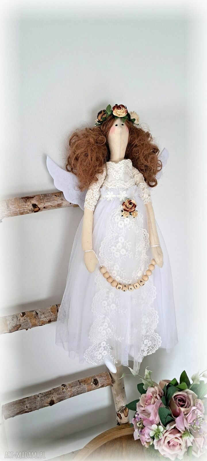 Anioł stróż „Aniołek na szczęście” 53 cm - prezent handmade na chrzest i komunię
