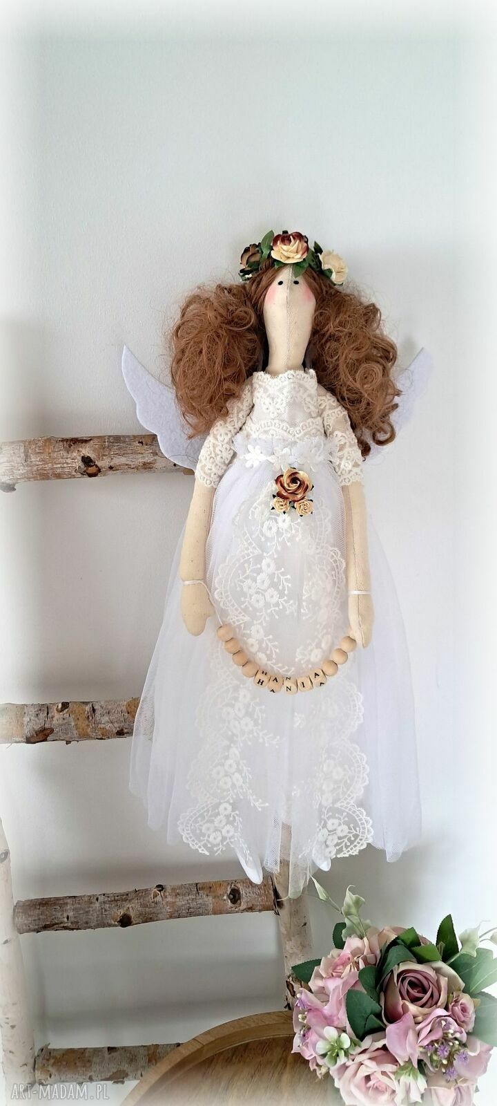 Anioł stróż „Aniołek na szczęście” 53 cm - prezent handmade na chrzest i komunię