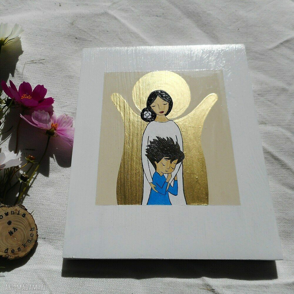 Anioł stróż dla chłopca - brunet, malowany na drewnie (25x20 cm)