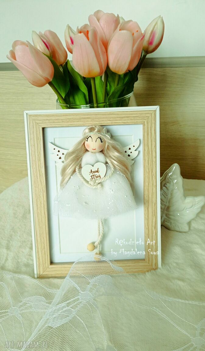 Anioł Stróż w ramce - pamiątka chrztu i komunii (handmade)