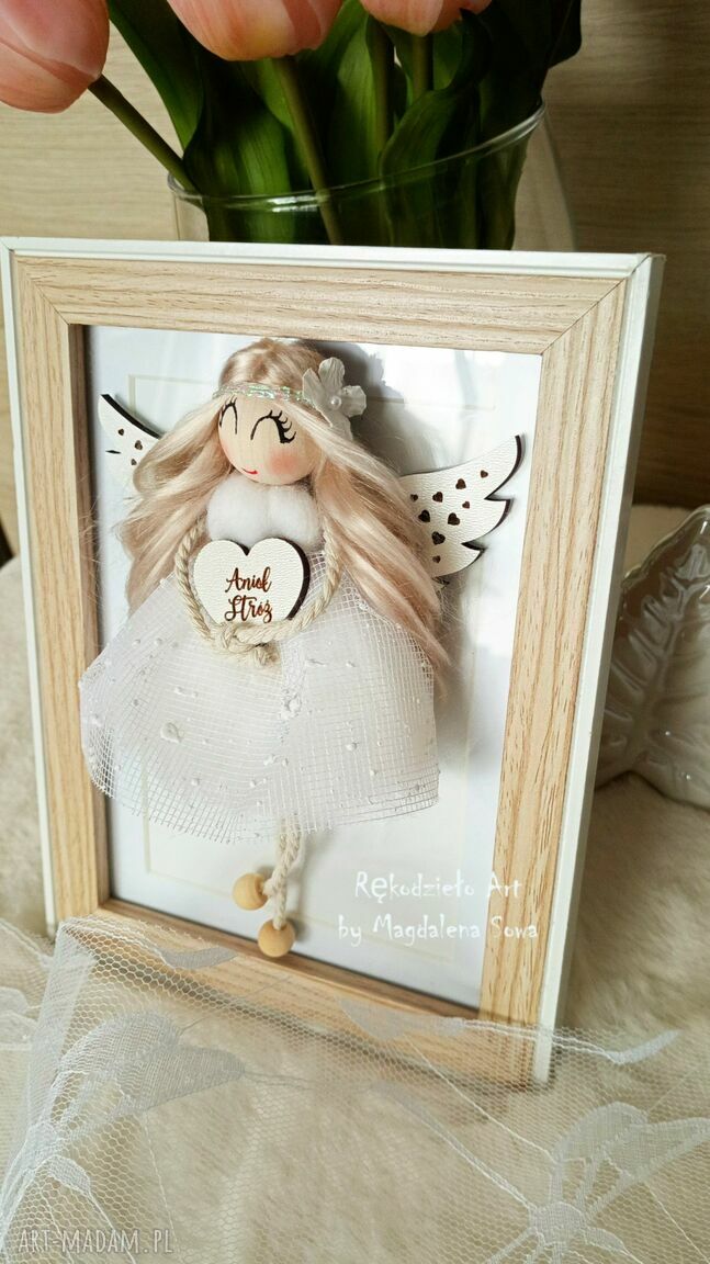 Anioł Stróż w ramce - pamiątka chrztu i komunii (handmade)
