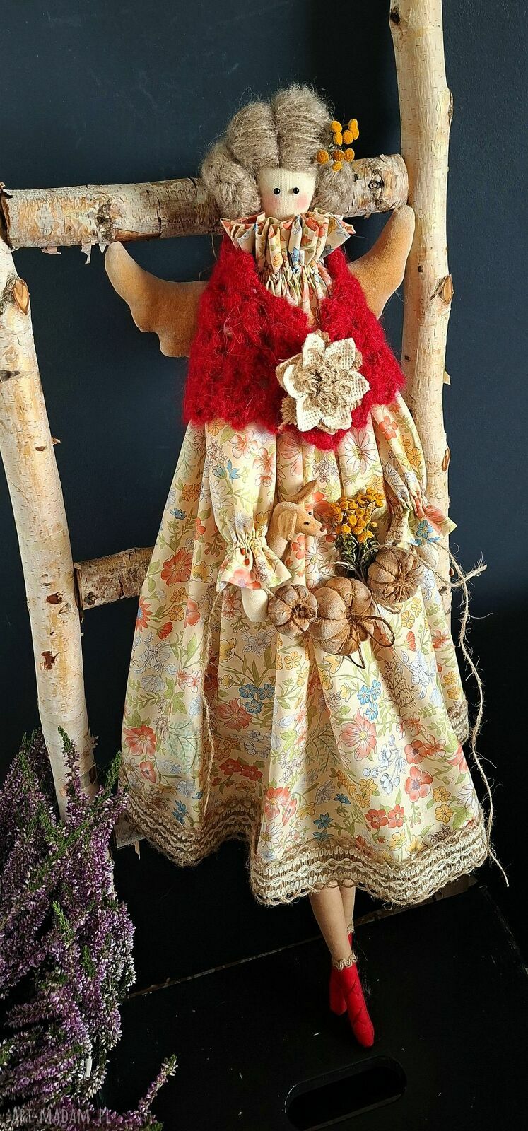 Anioł stróż w ciepłych barwach - ręcznie szyta dekoracja 68 cm