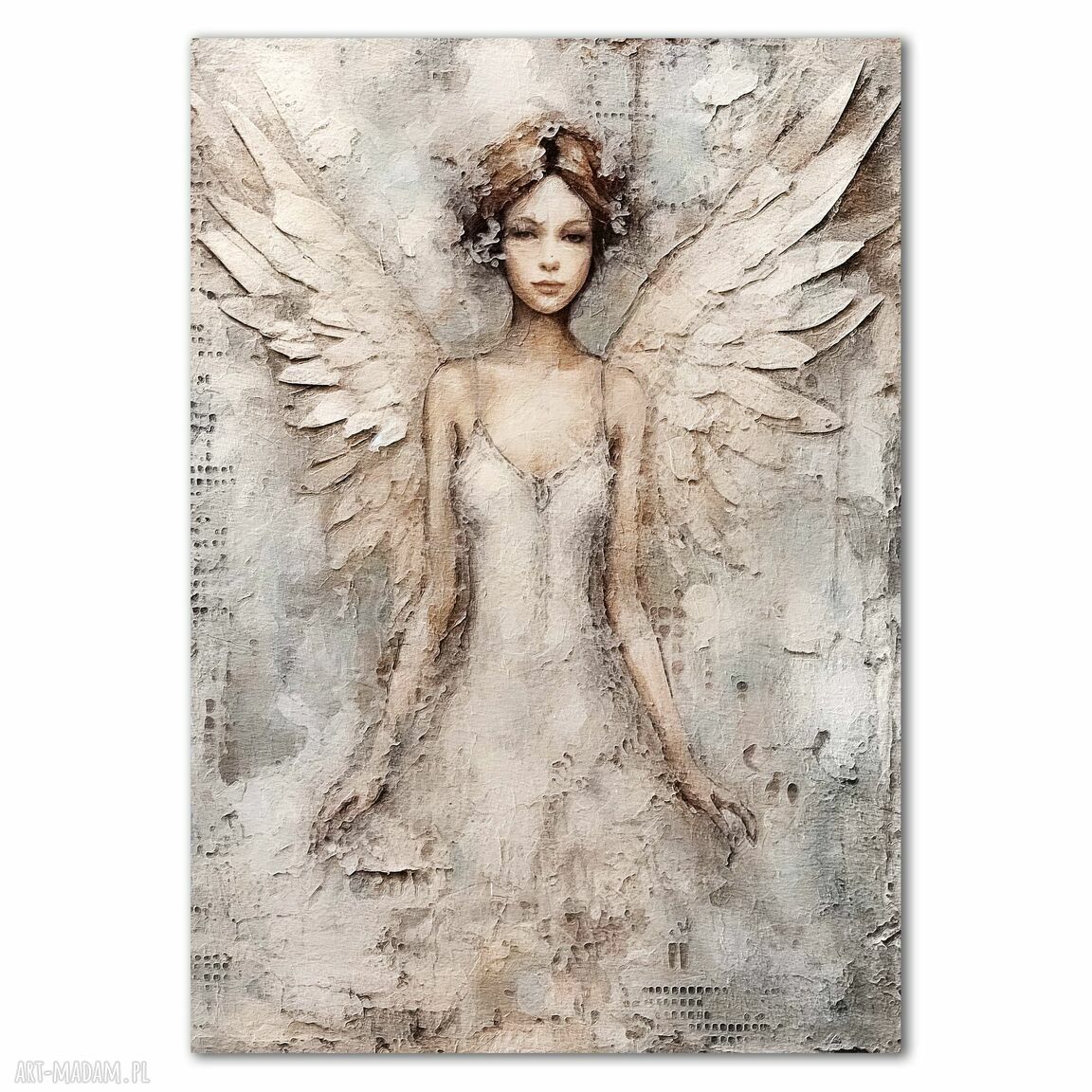 Plakat Anioł w delikatnych odcieniach beżu i bieli 40x50 cm