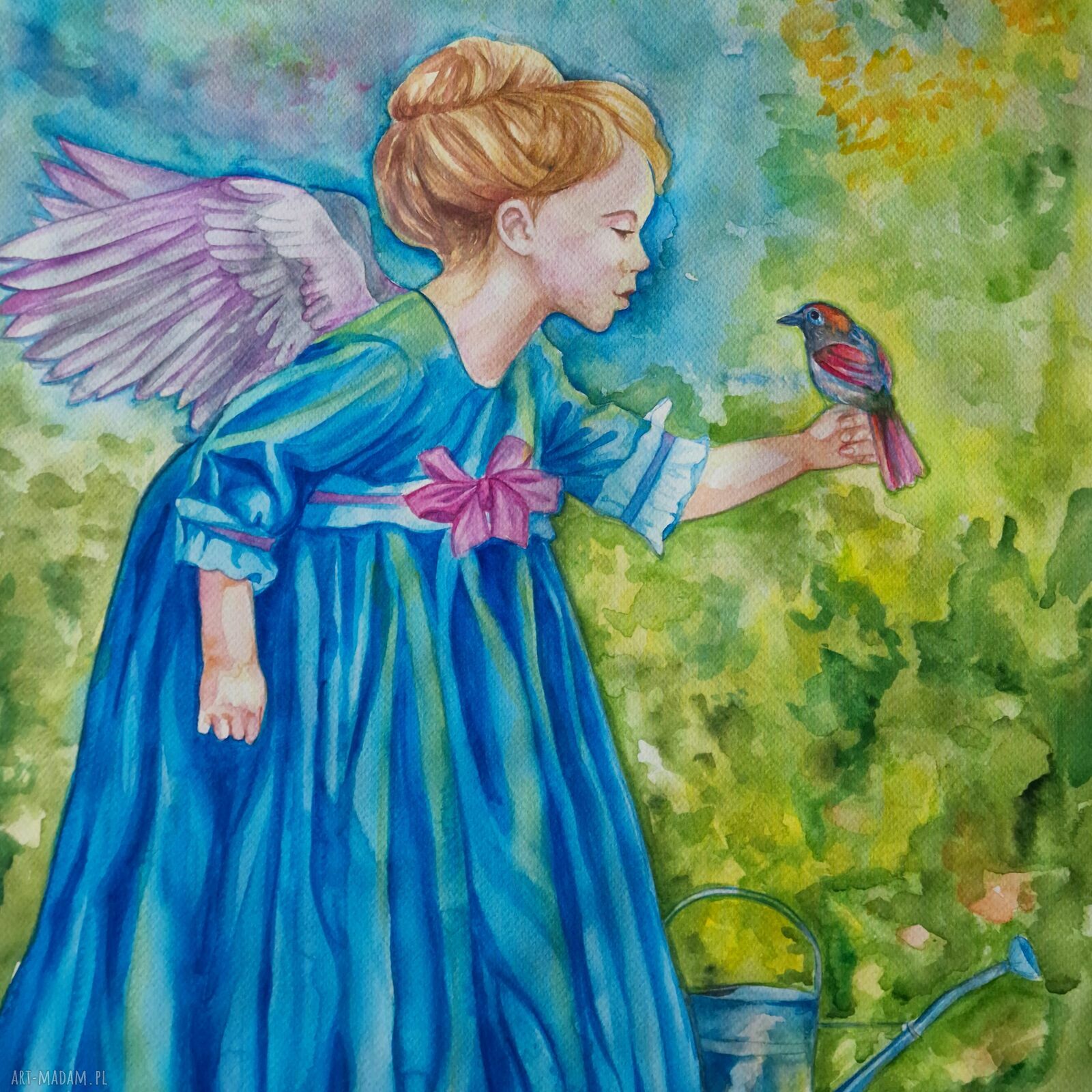 Anioł w ogrodzie - oryginalna akwarela 50x70 cm