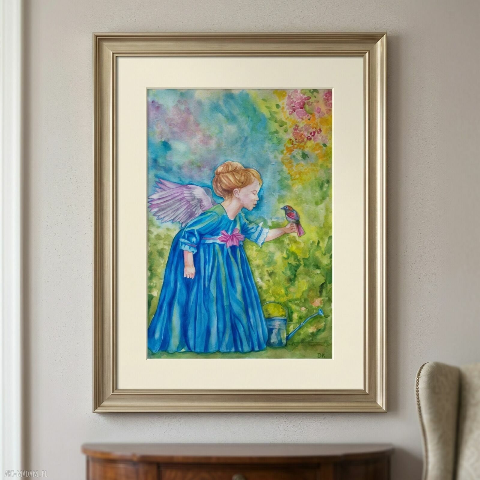 Anioł w ogrodzie - oryginalna akwarela 50x70 cm