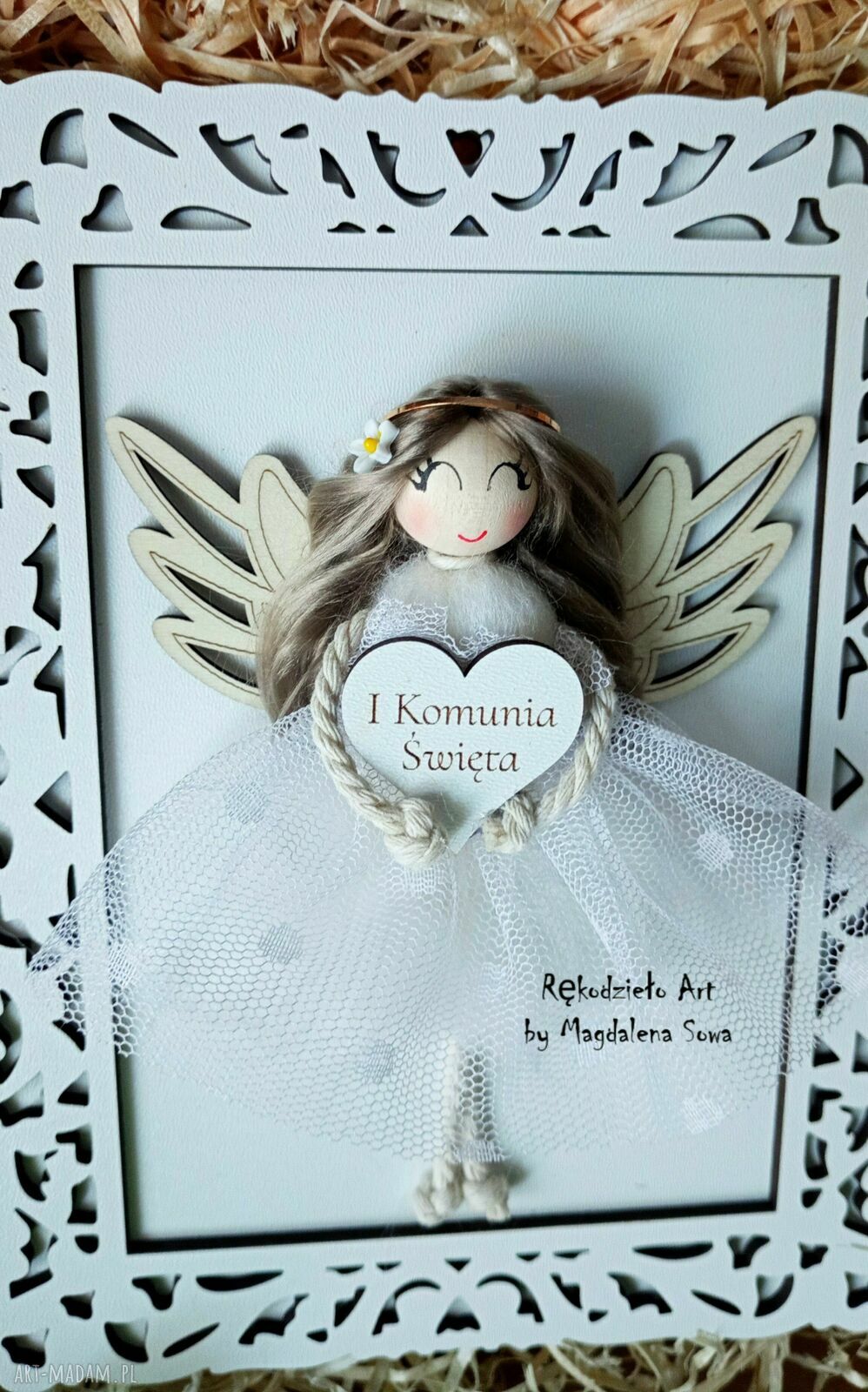 Anioł Stróż w białej ramce - komunijna pamiątka na prezent (handmade)