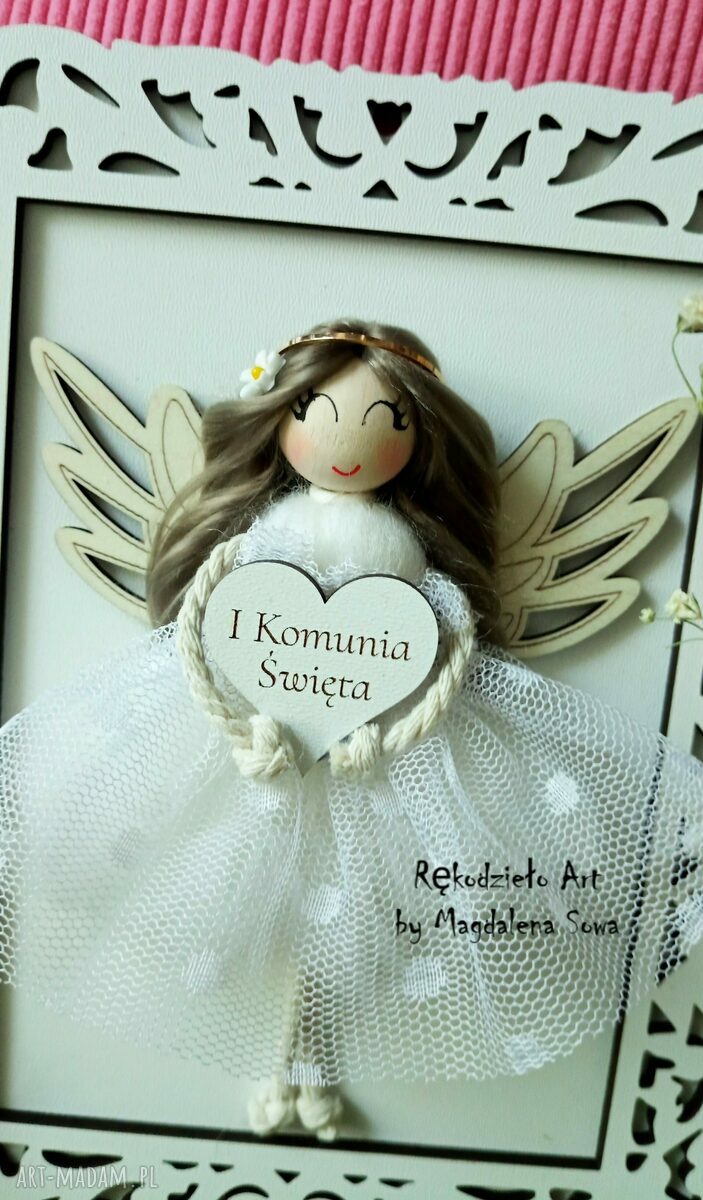 Anioł Stróż w białej ramce - komunijna pamiątka na prezent (handmade)