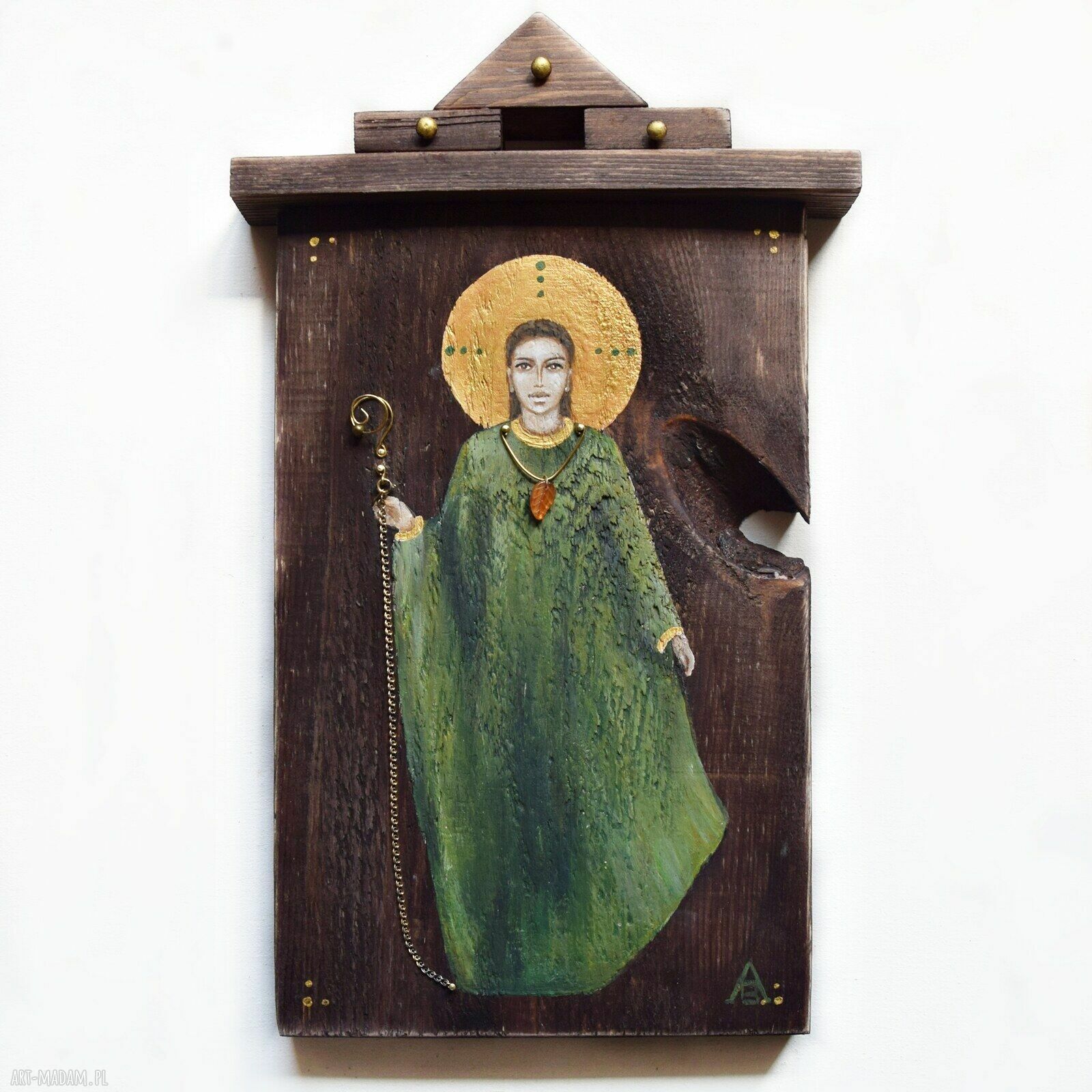 Anioł Yakshi III - ręcznie malowany obraz na desce, gotowy do zawieszenia