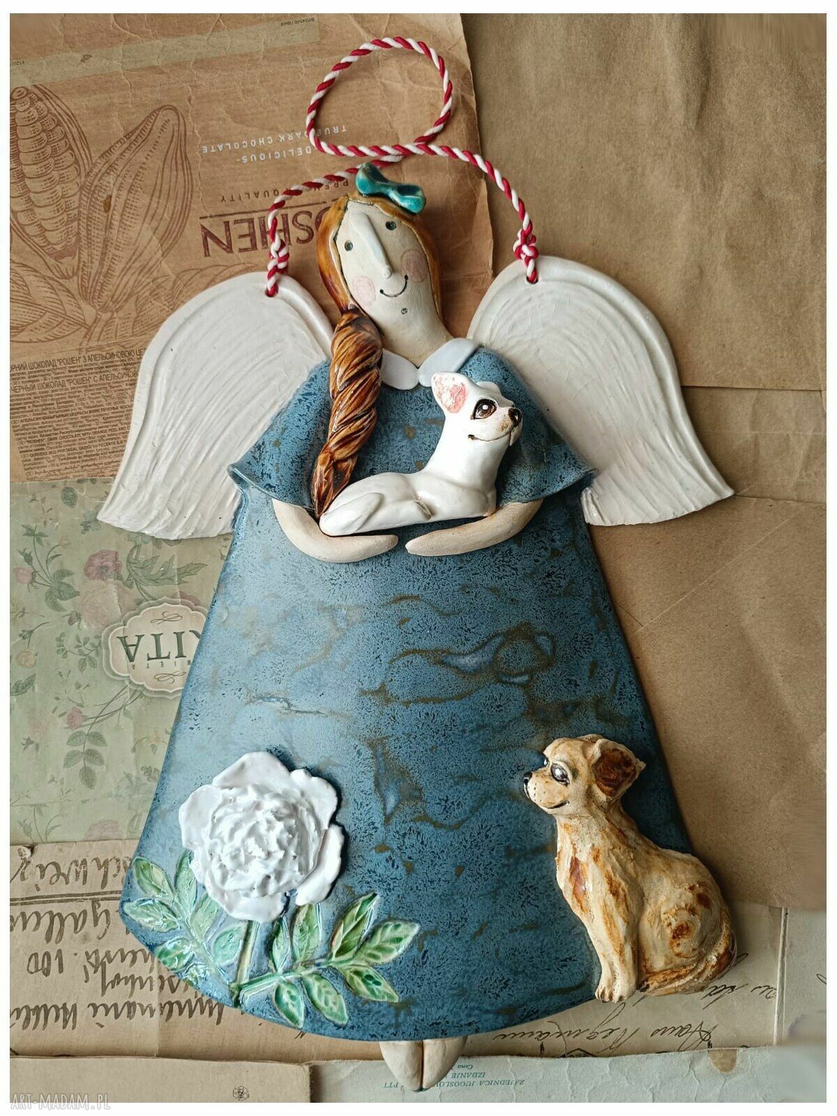 Anioł z 2 chihuahua - ceramika handmade do zawieszenia