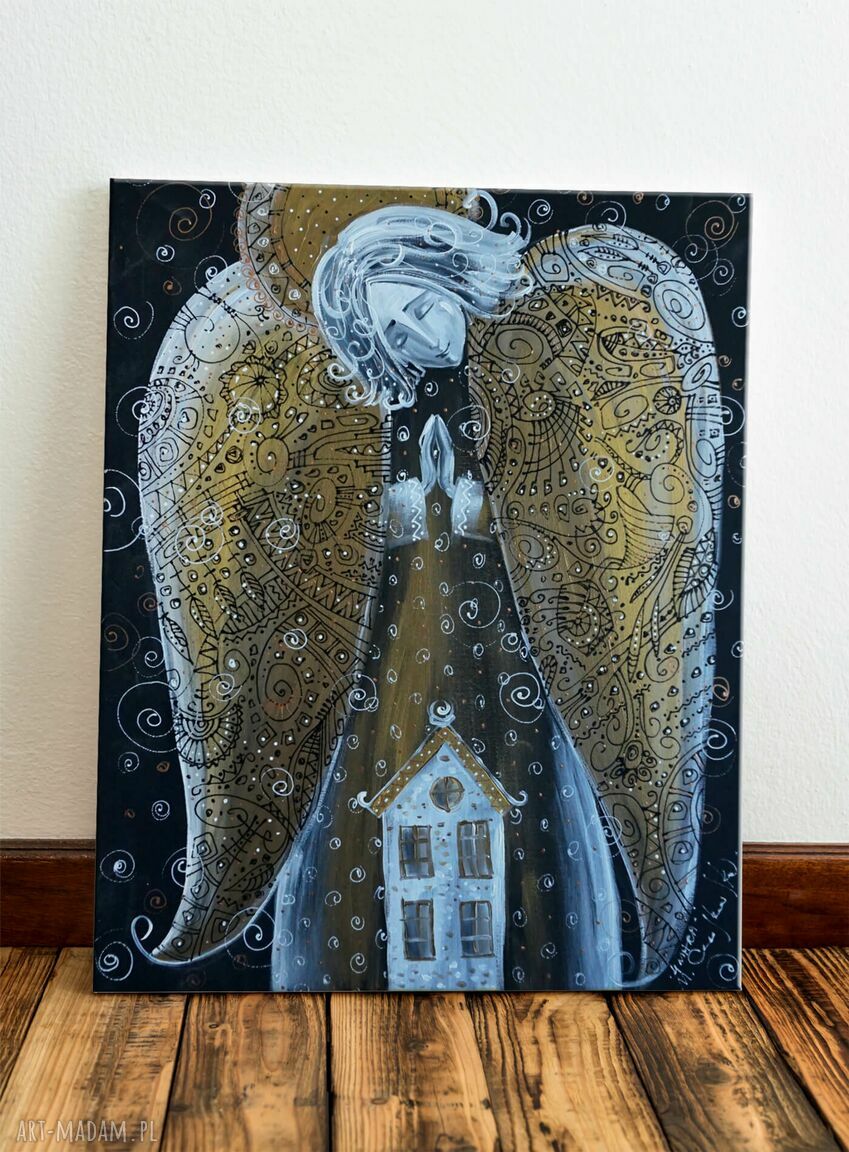 Anioł z domem - miłość i stróż Twojego domu (obraz Giclee na Canvas 65x90)