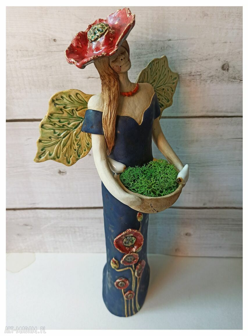 Anioł z makami, chrobotkiem i ptakami - ceramika handmade