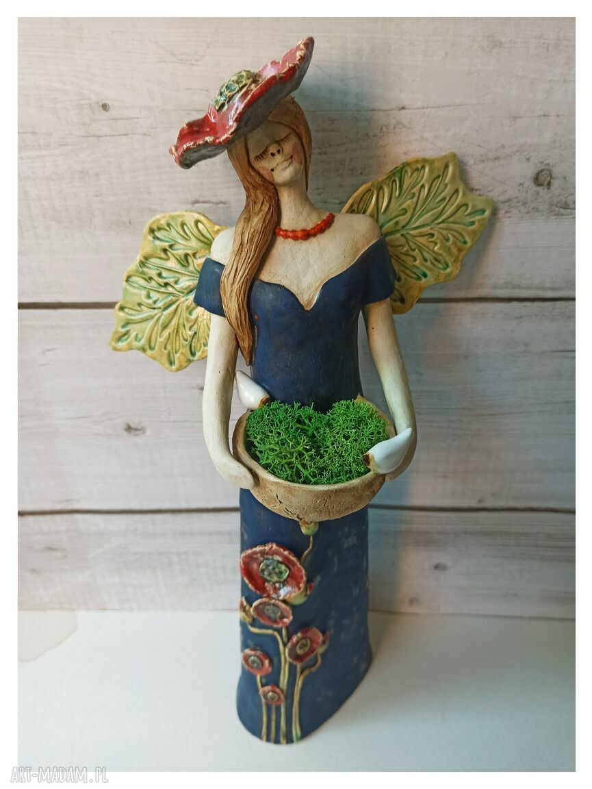 Anioł z makami, chrobotkiem i ptakami - ceramika handmade