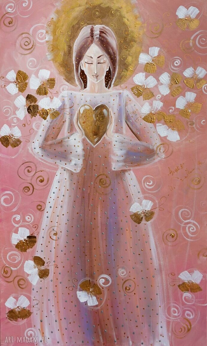 Anioł z serduszkiem 3 - różowy obraz giclee na płótnie
