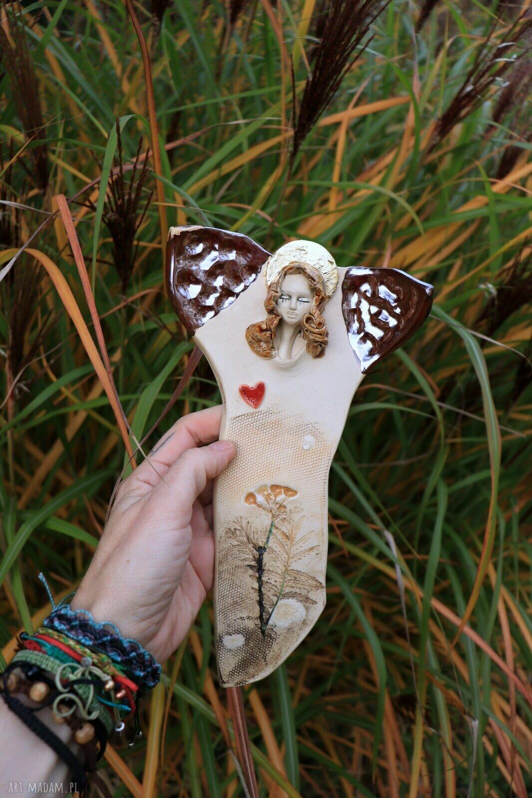 Ceramiczny Anioł z Wrotyczem do zawieszenia - Enio Art, 24 cm