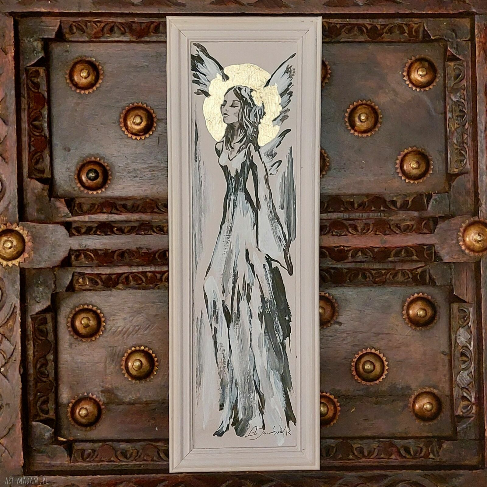 Obraz „Anioł” - ręcznie malowana ikona na desce 12,5 x 37,5 cm