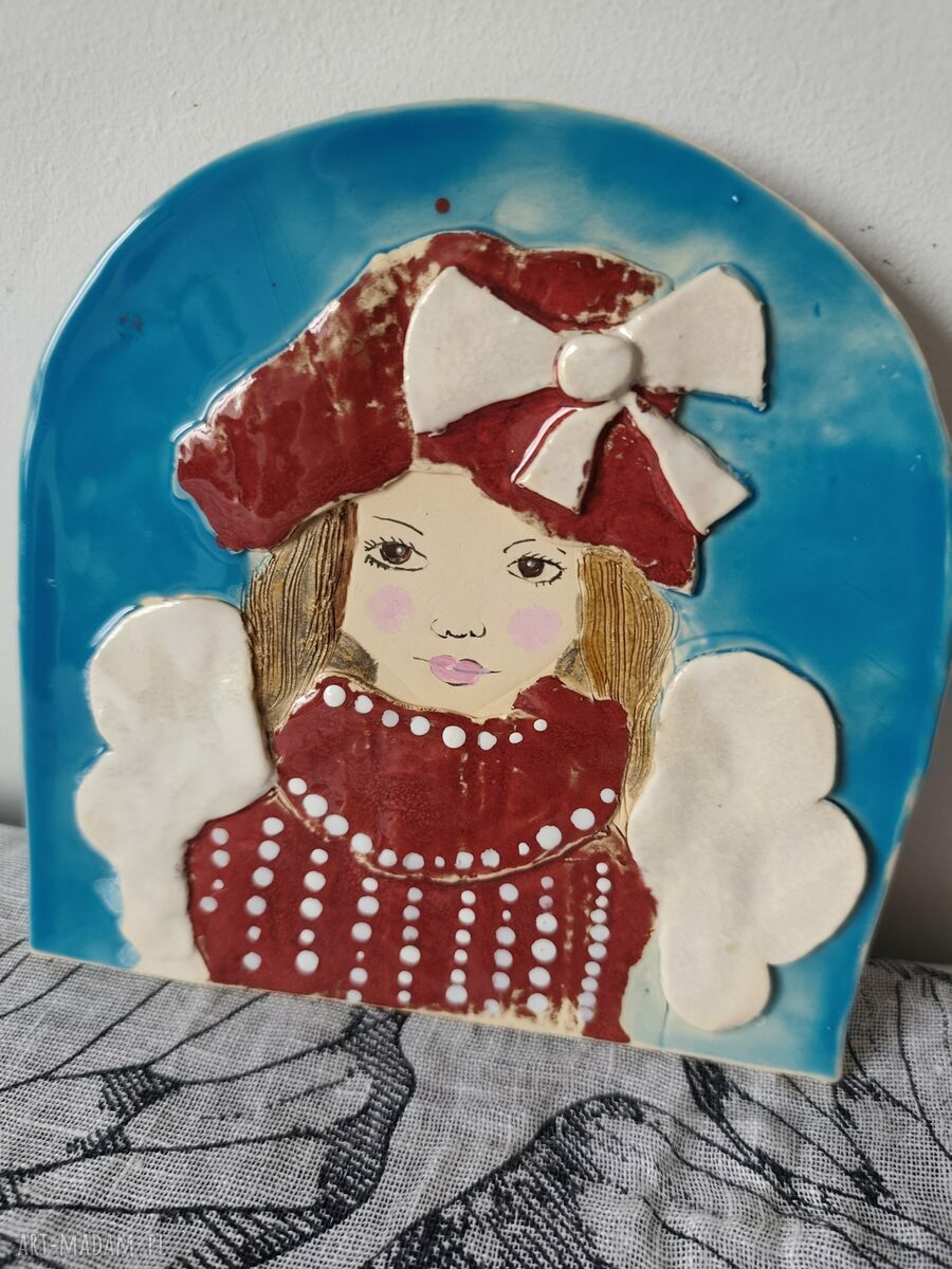 Kolorowy aniołek ceramiczny na ścianę - Boże Narodzenie 17x17 cm