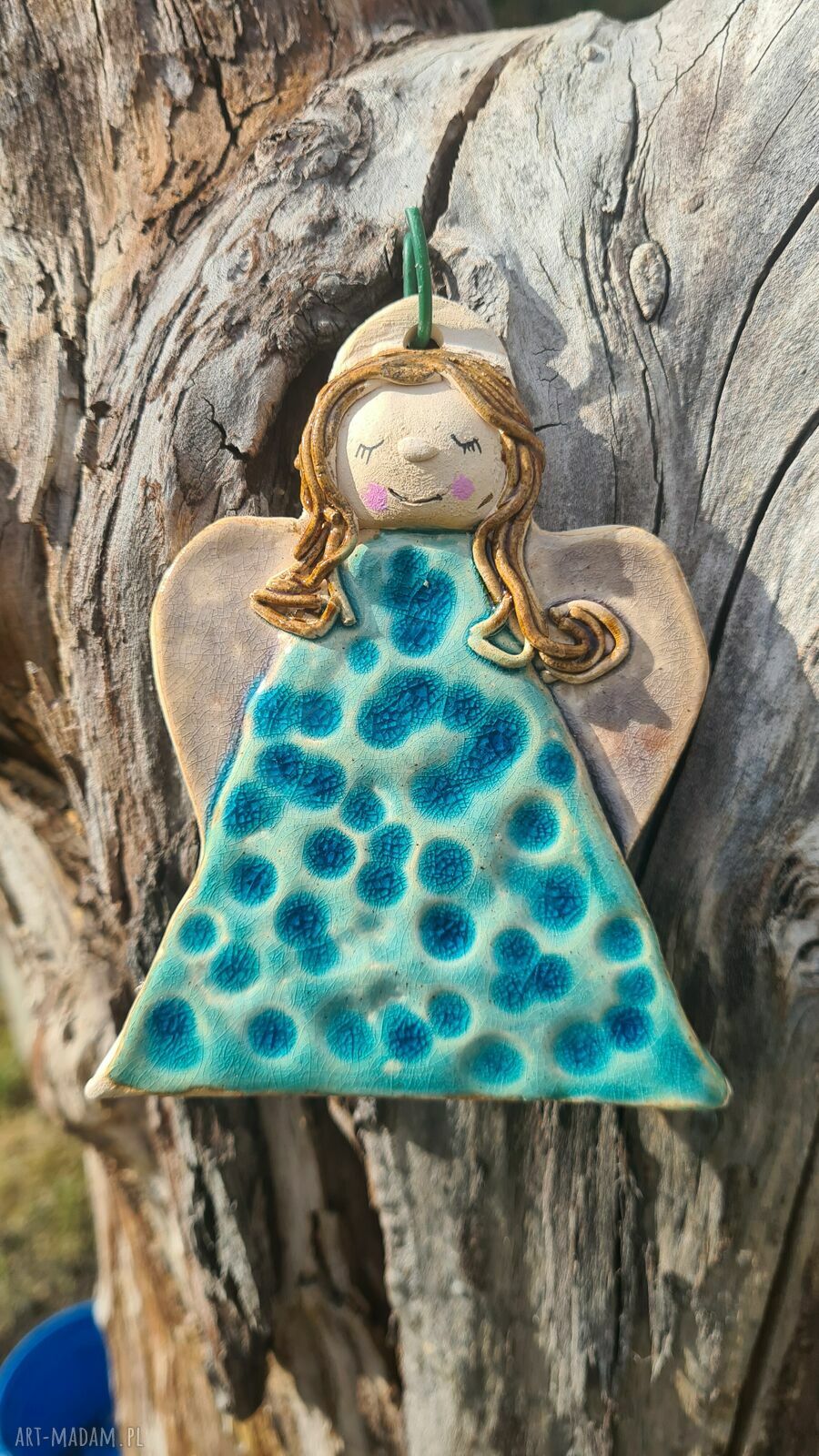 Aniołek ceramiczny turkusowy - ręcznie wykonana figurka 11 cm